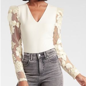 Express Floral Lace Cream Thong Bodysuit sz S